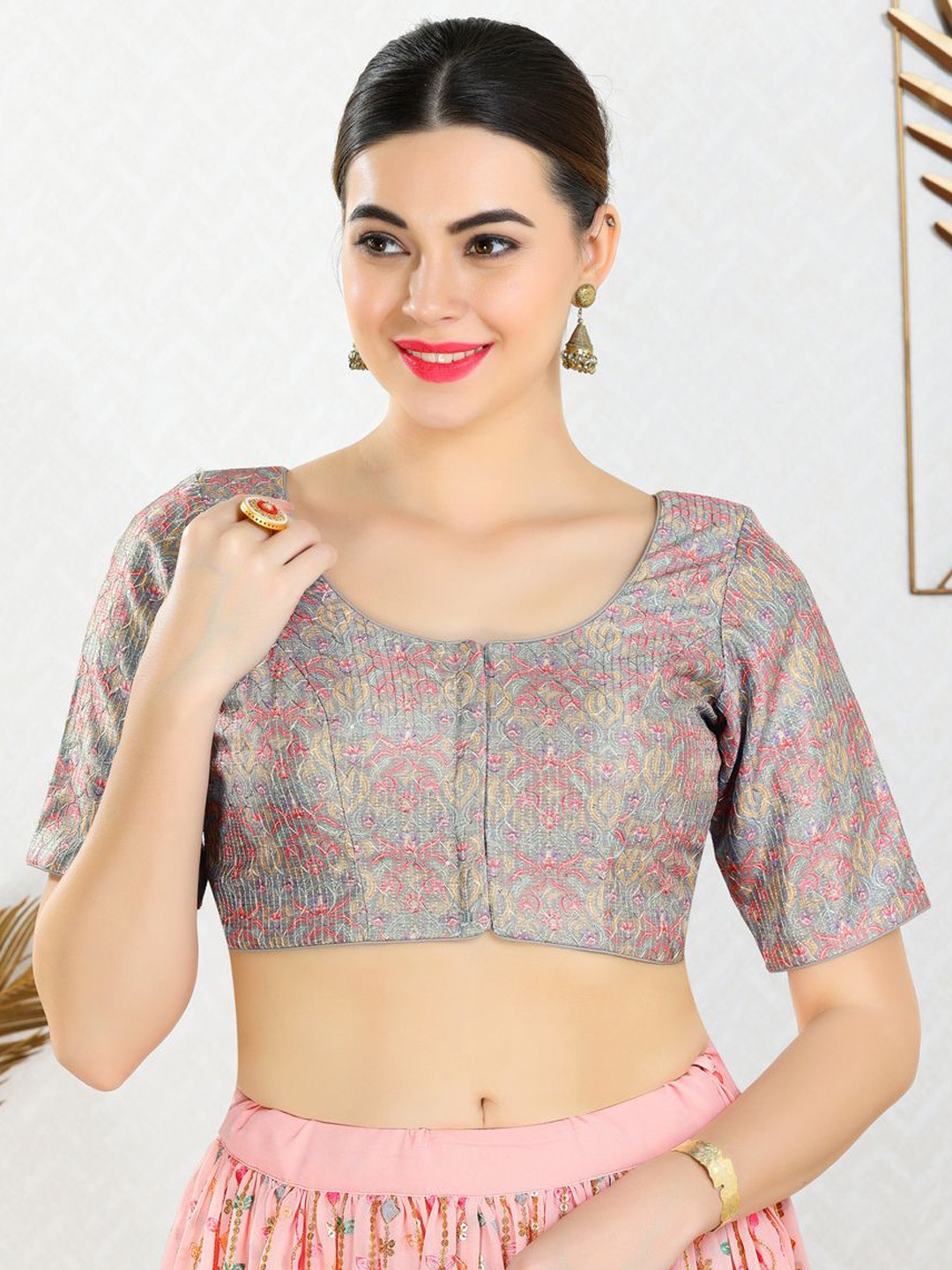 

VAMAS - THE DESIGNER BLOUSES Women Round Neck Padded Saree Blouse, Grey