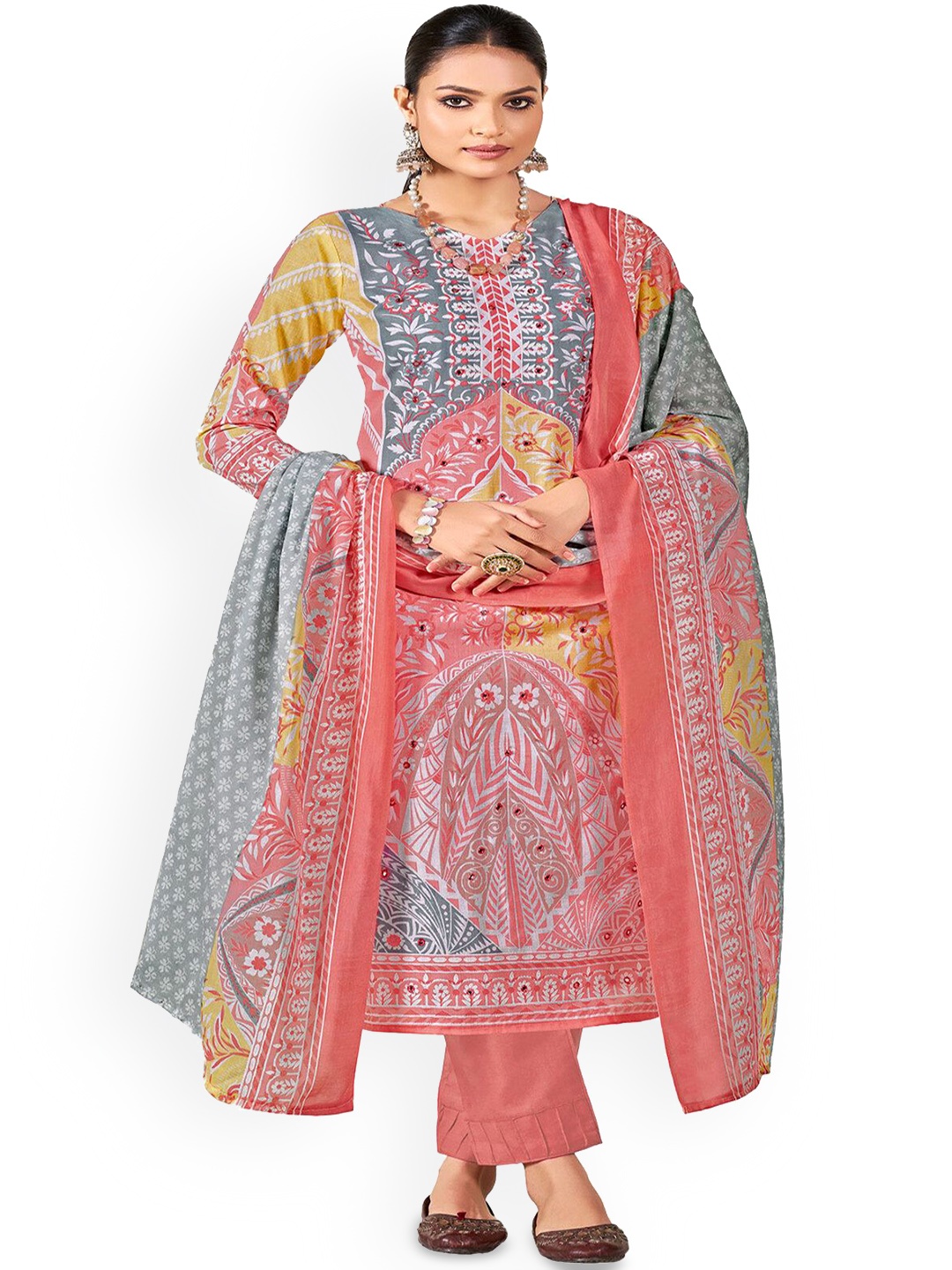 

DRAVINAM Trends Embellished Pure Cotton Unstitched Dress Material, Pink