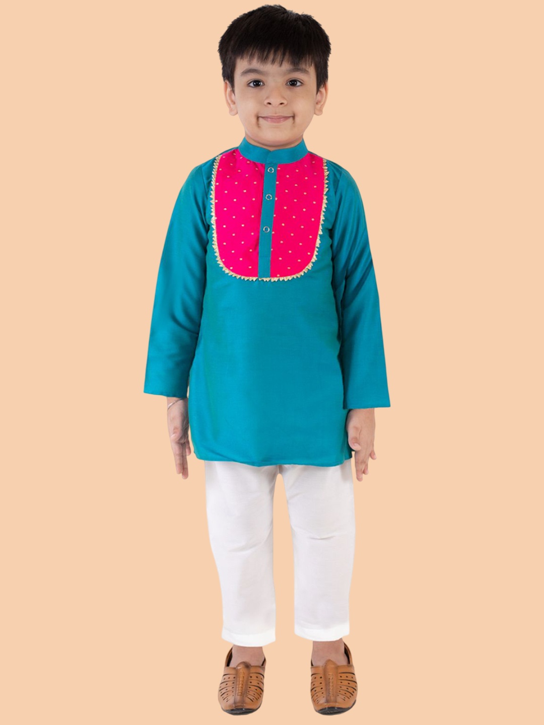 

TinyPants Boys Yoke Design Regular Pure Cotton Kurta with Pyjamas, Blue