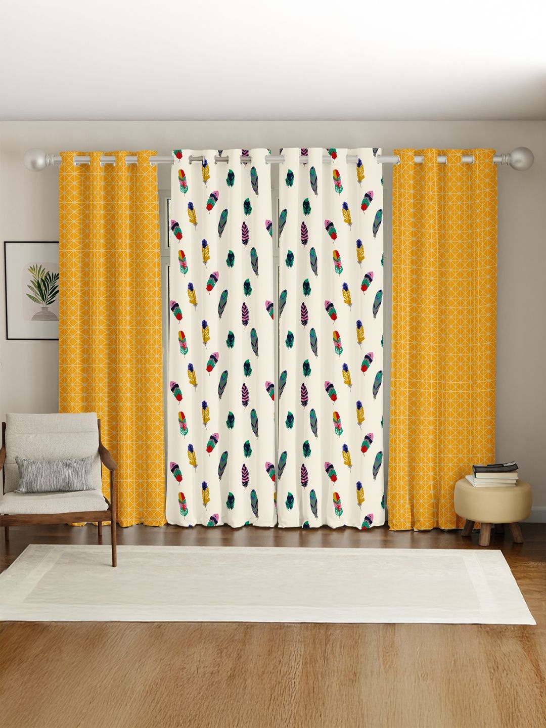 

URBAN SPACE Yellow & White Set of 4 Floral Door Curtain