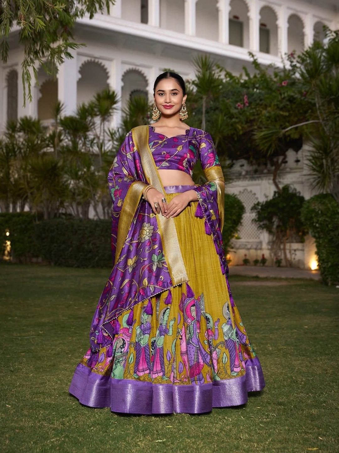 

RADHVI BIZ Printed Kalamkari Ready to Wear Lehenga & Semi-Stitched Blouse With Dupatta, Mustard