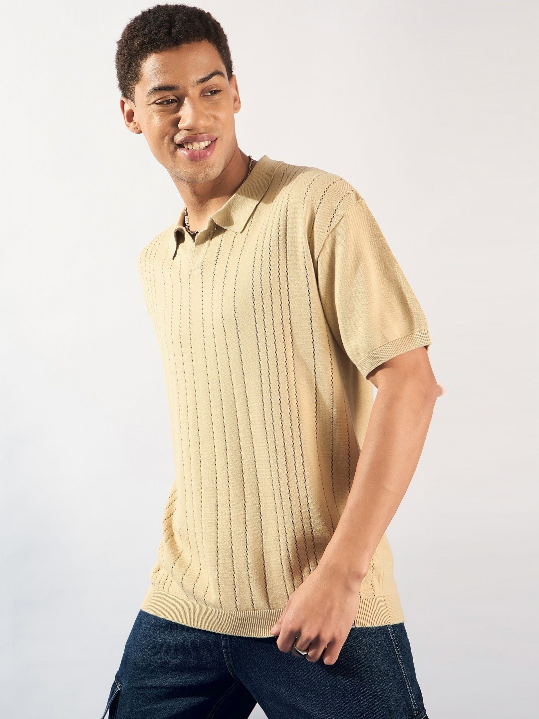 

DENNISON Men Oversized Polo Collar Knitted T-Shirt, Beige
