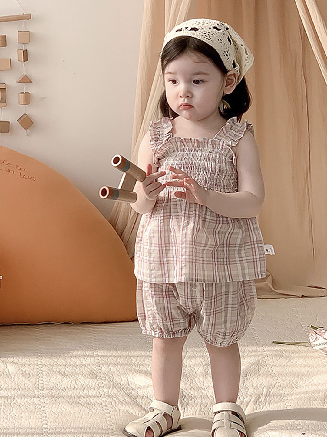 

LULU & SKY Girls Checked Top with Shorts, Pink