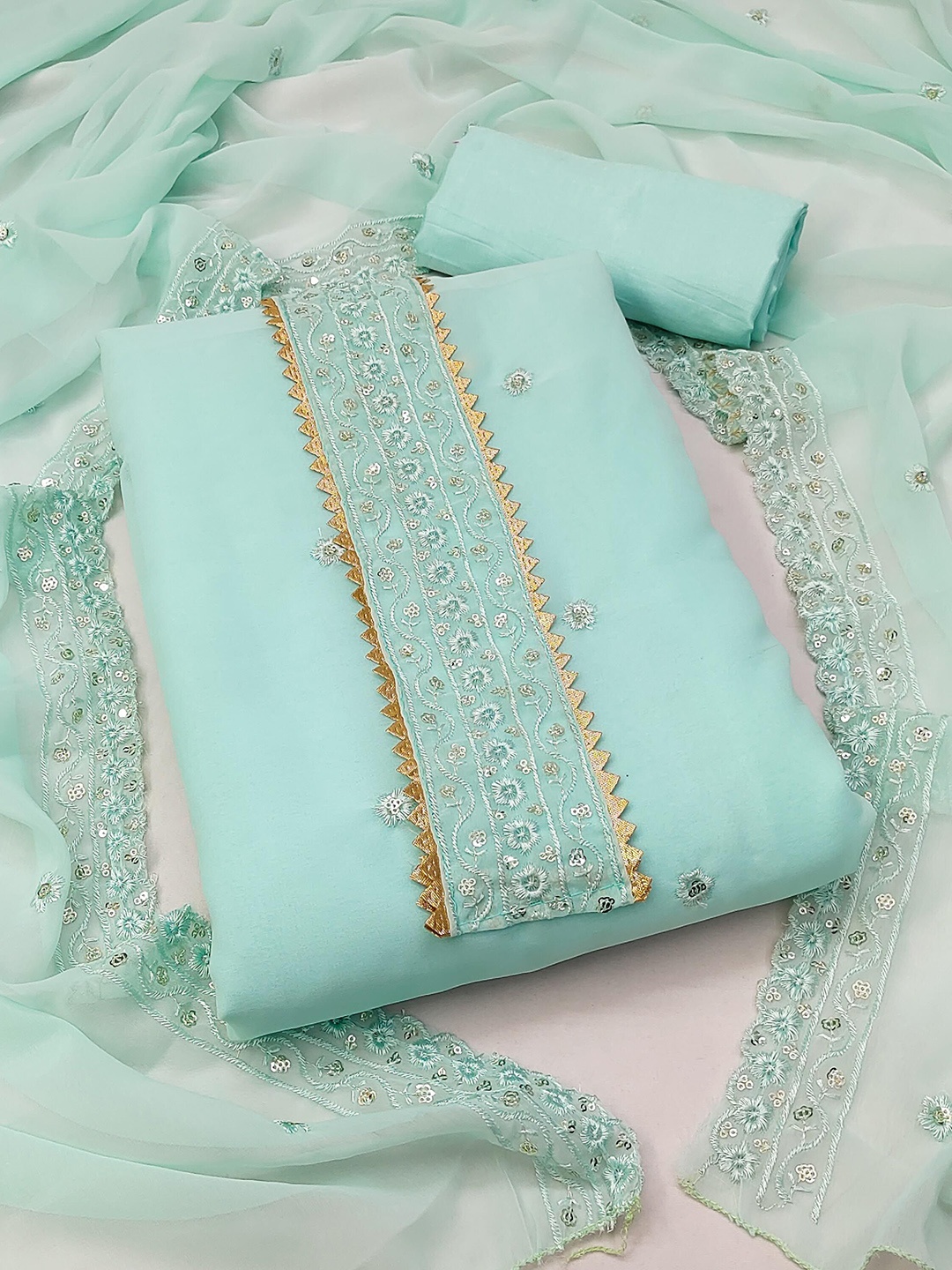 

SHADOW & SAINING Embroidered Silk Georgette Unstitched Dress Material, Sea green