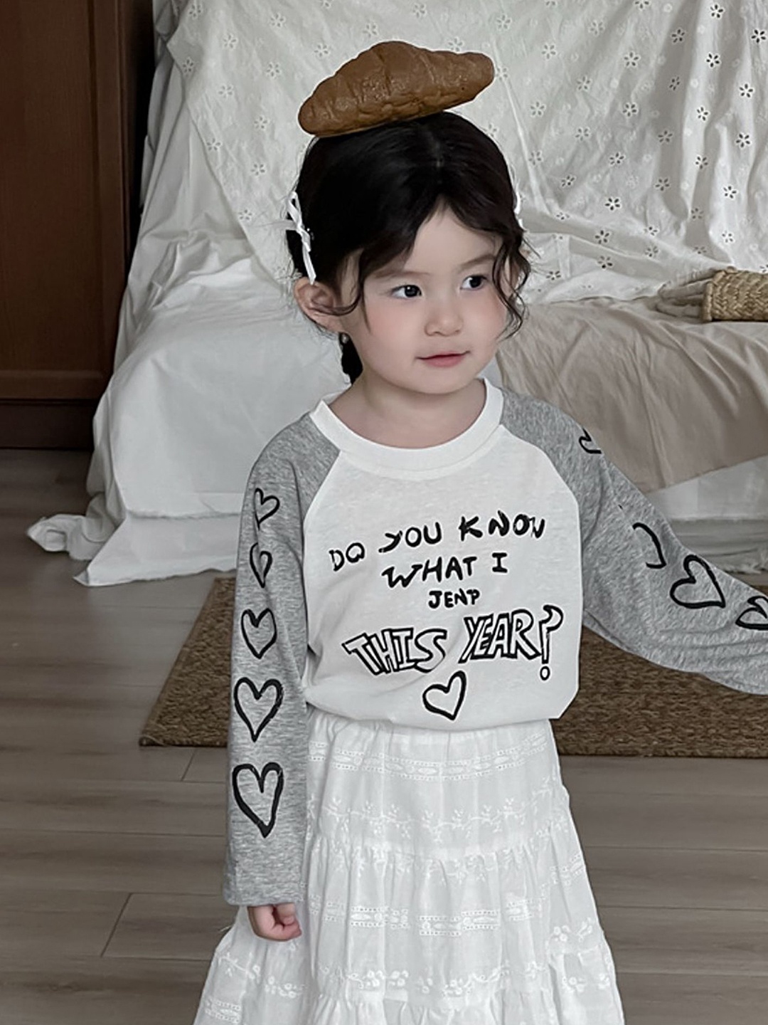 

LULU & SKY Girls Typography Printed Extended Sleeves Applique T-shirt, White