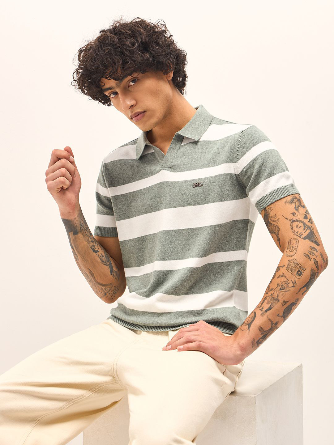 

THE BEAR HOUSE Men Striped Polo Collar Slim Fit T-shirt, Green