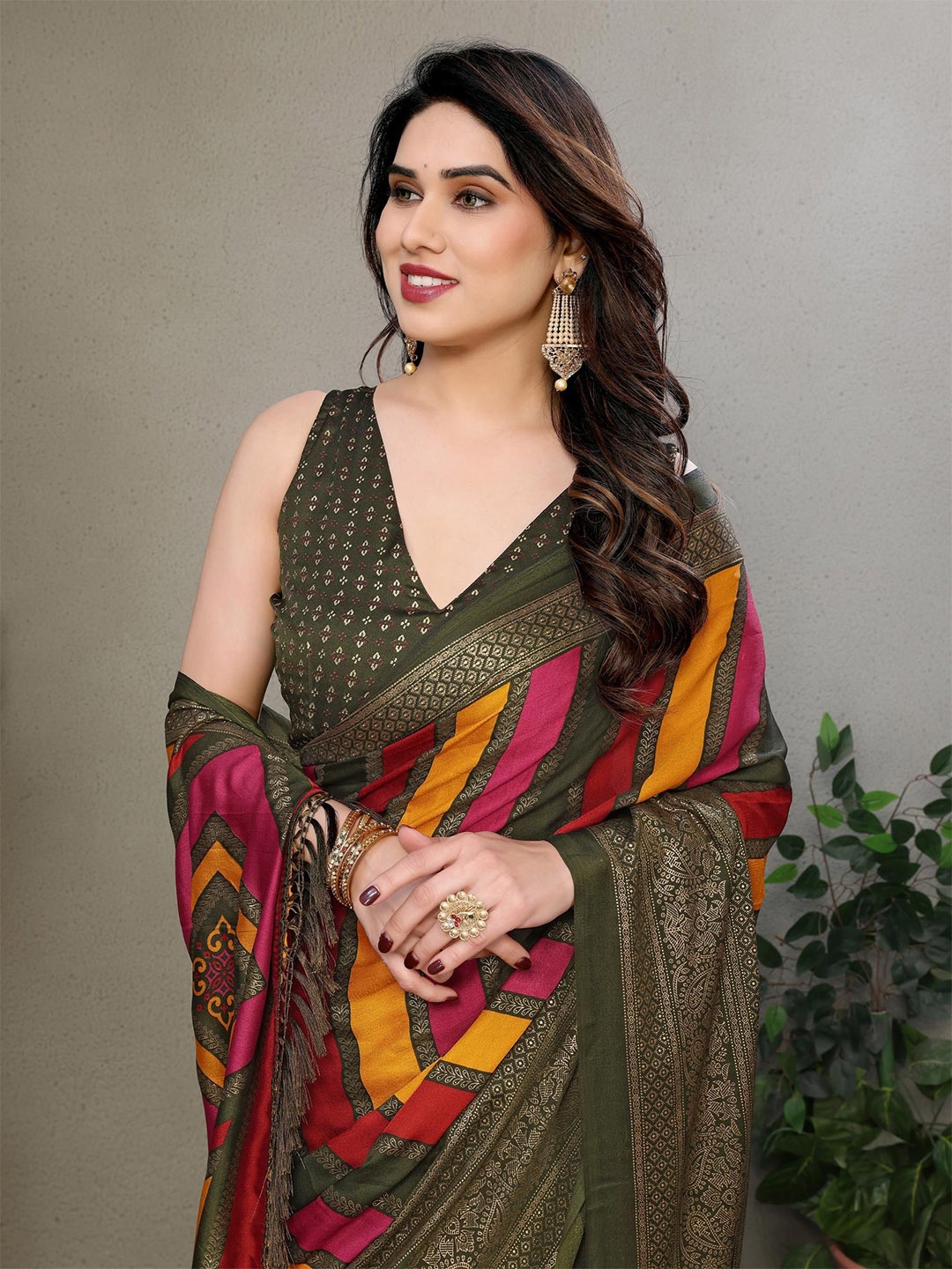 

Ekasya Striped Satin Saree, Green