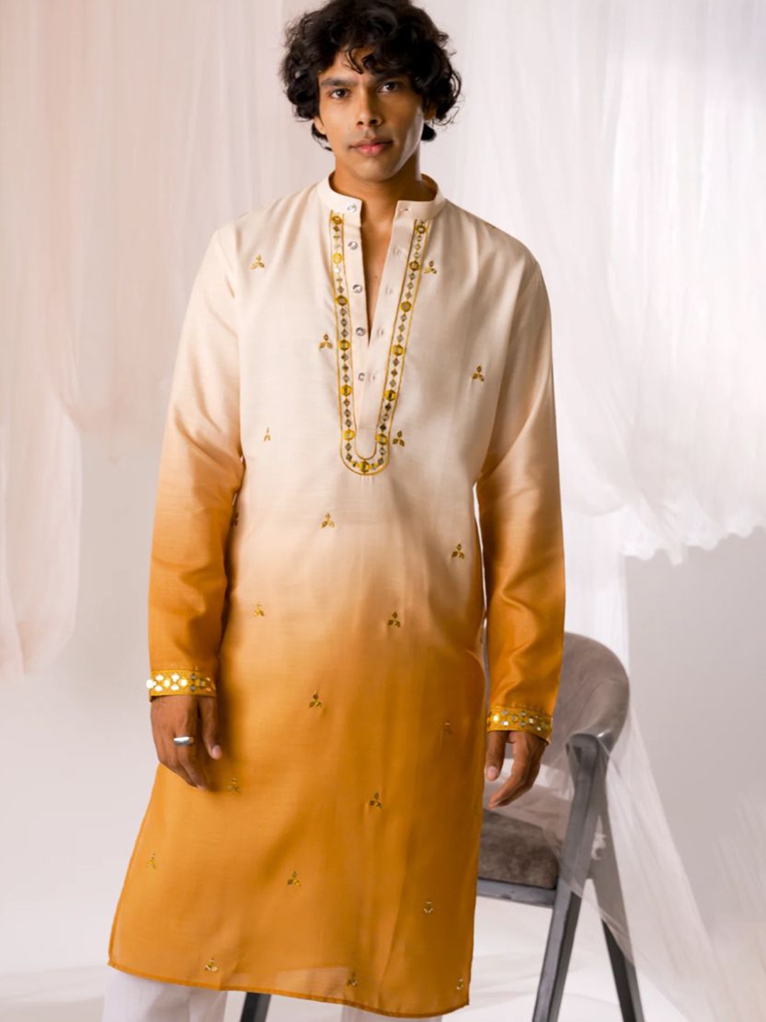 

5 Stitch Men Embroidered Regular Kurta with Pyjamas, Mustard