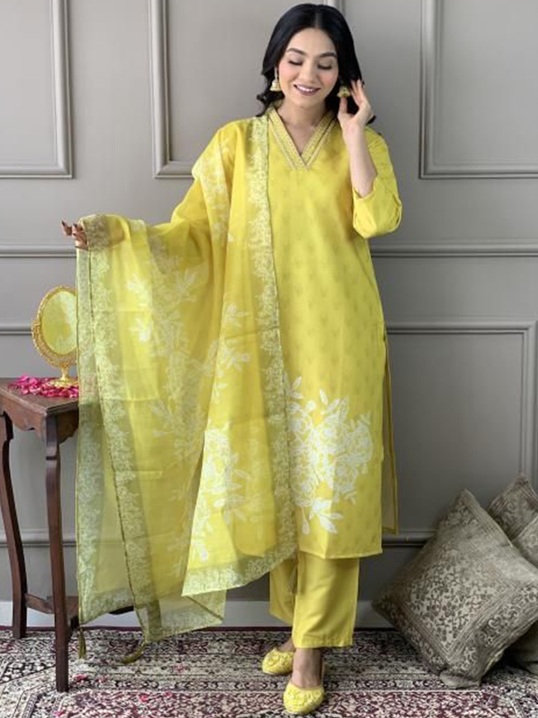 

Fashion Basket Women Floral Embroidered Regular Chanderi Cotton Kurta with Pyjamas & With Dupatta, Yellow