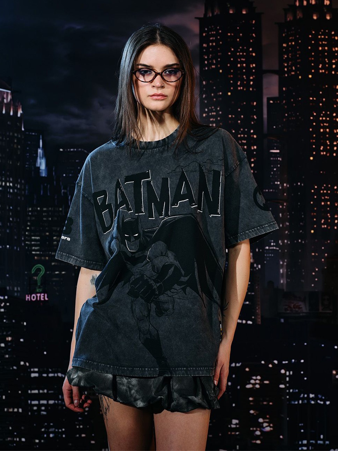 

Bonkers Corner Women Batman Printed Extended Sleeves Pockets T-shirt, Grey