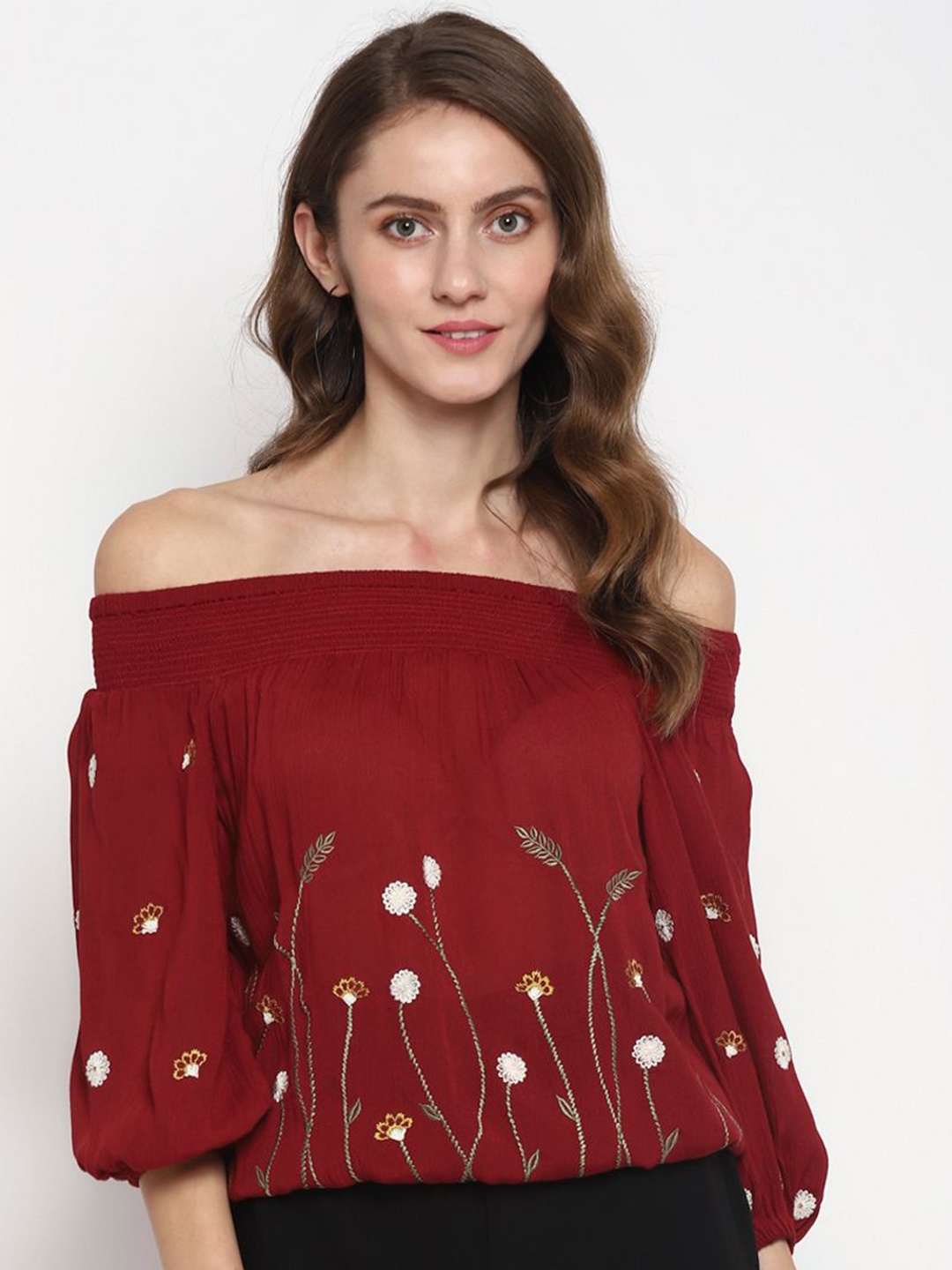 

Taurus Floral Embroidered Off-Shoulder Top, Red