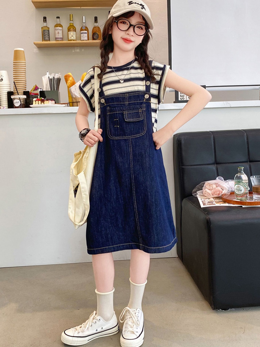 

LULU & SKY Girls Striped Top & Denim Pinafore Dungaree, Blue