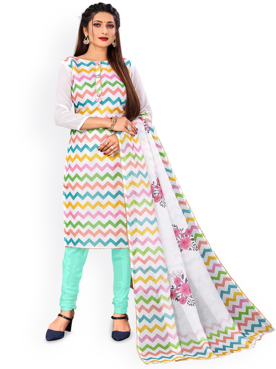 

SHADOW & SAINING Printed Pure Cotton Unstitched Dress Material, White