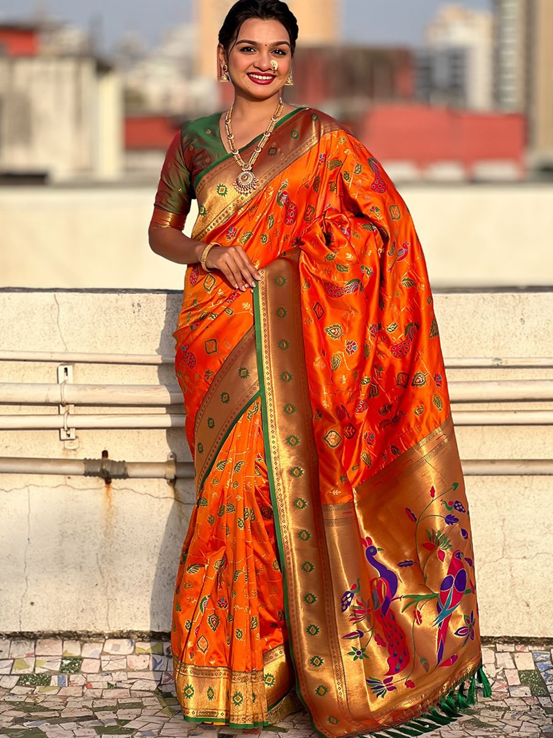 

all about you Woven Design Zari Silk Blend Designer Paithani Saree, Orange