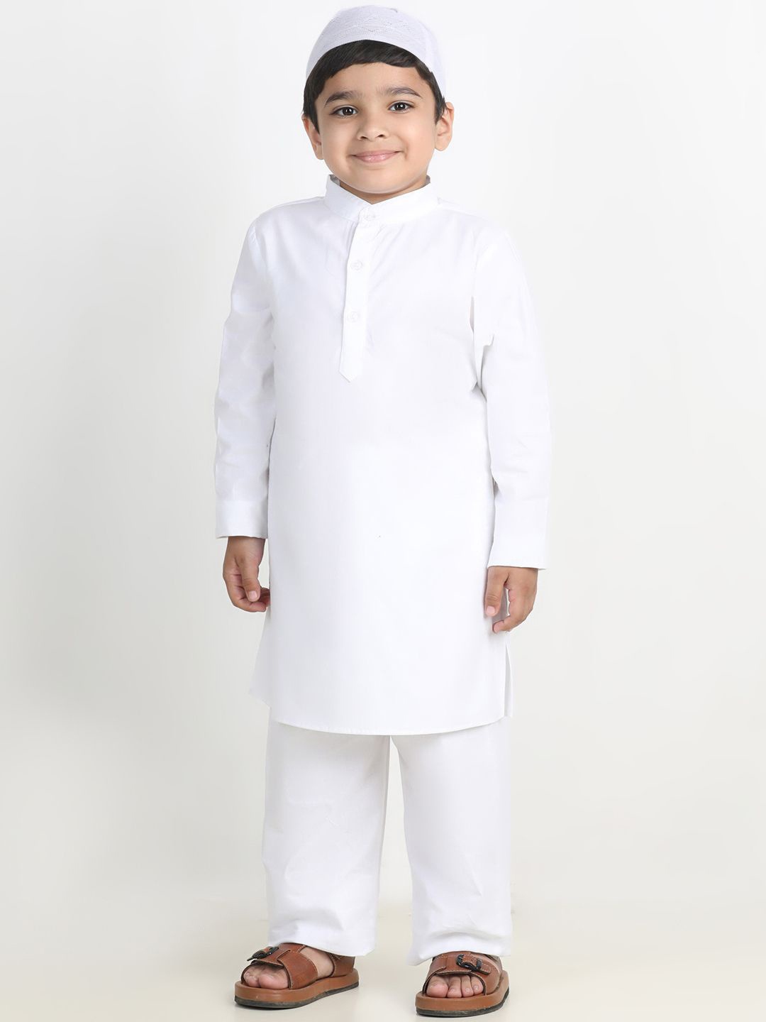 

Cutiekins Boys Solid Regular Kurta and Pyjama with Cap, White
