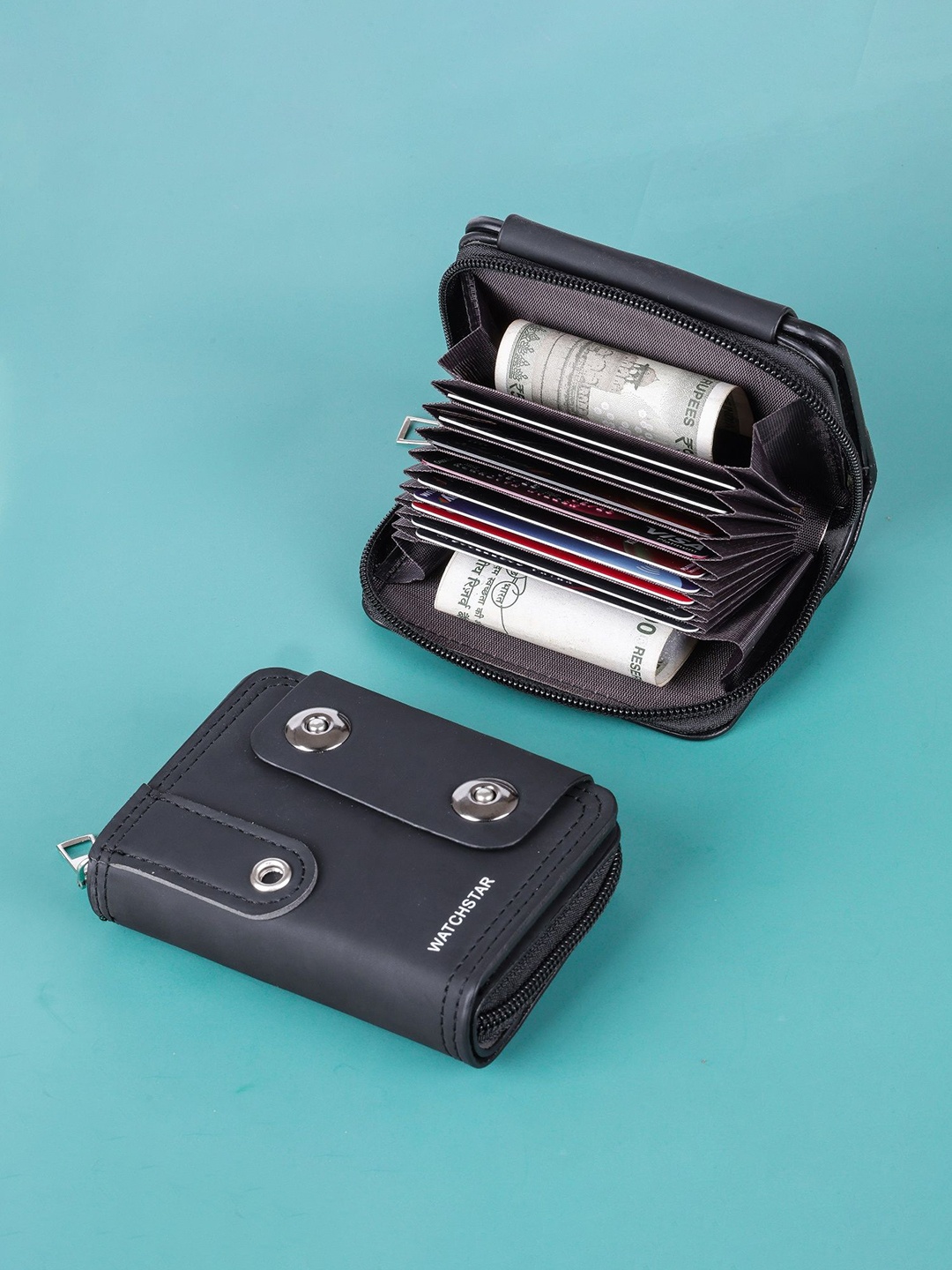 

WATCHSTAR Men Zip Detail Leather Card Holder, Black