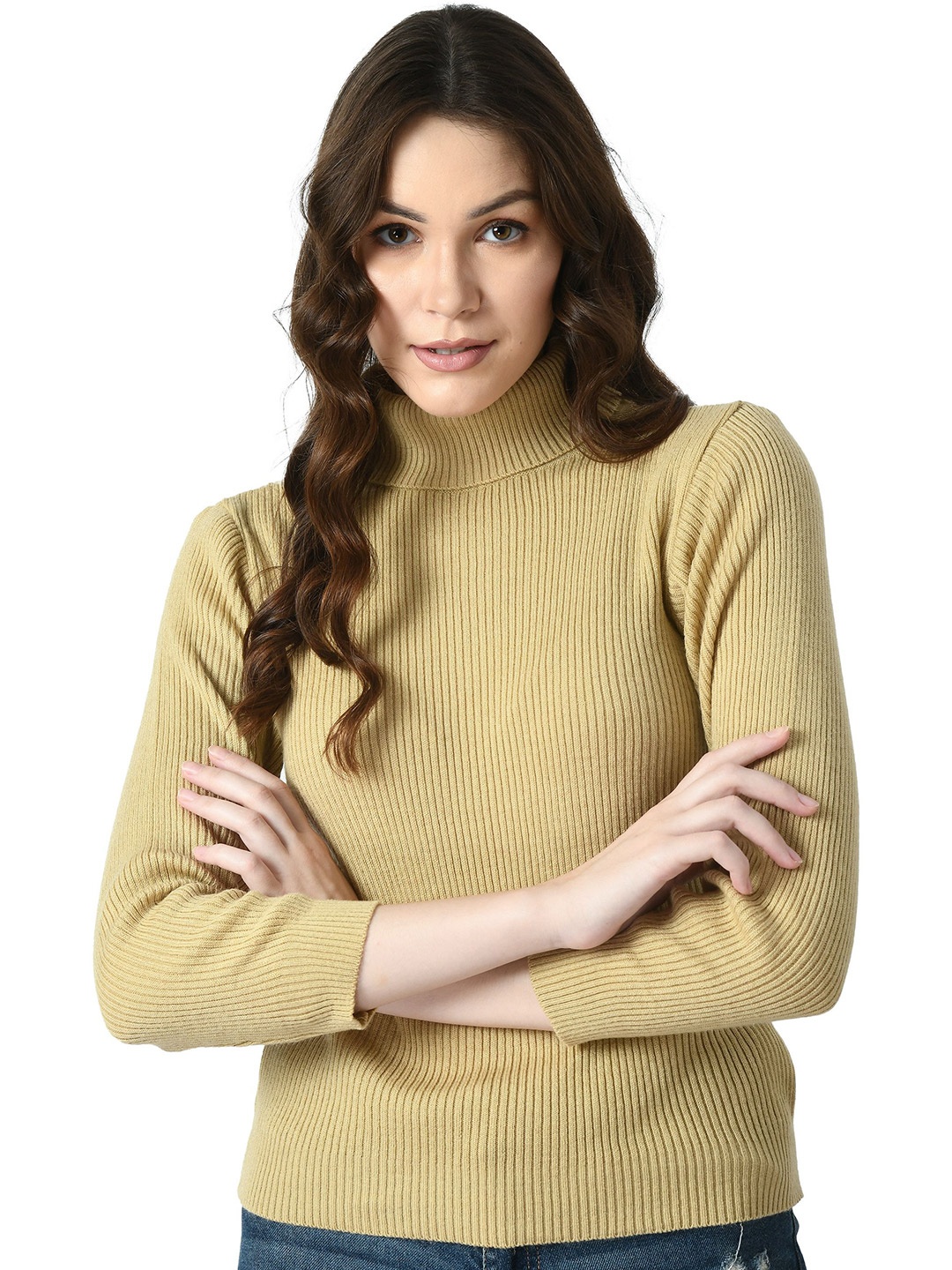 

Klart Women Ribbed High Neck Pullover Sweater, Beige