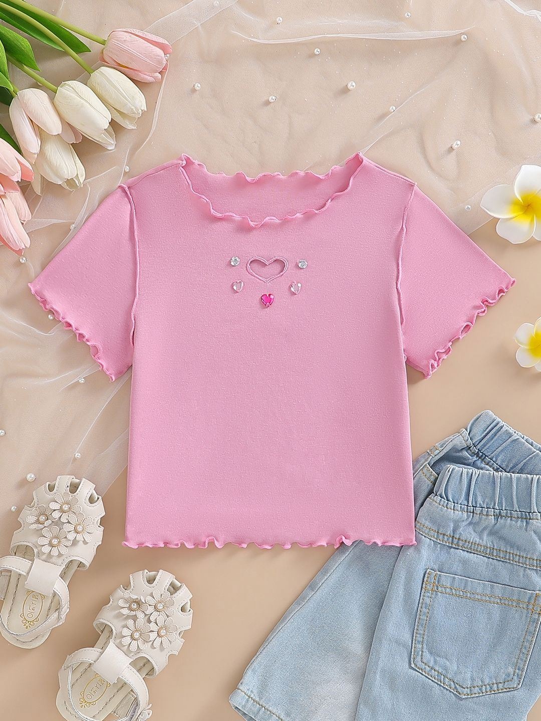 

YK Girls Printed V-Neck Pockets T-shirt, Pink