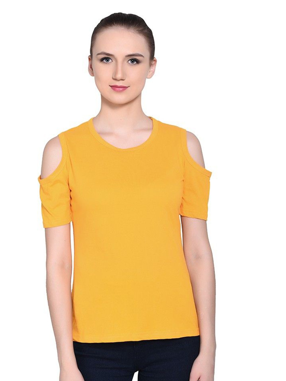 

BEYOU FASHION Women Raw Edge Slim Fit T-shirt, Yellow