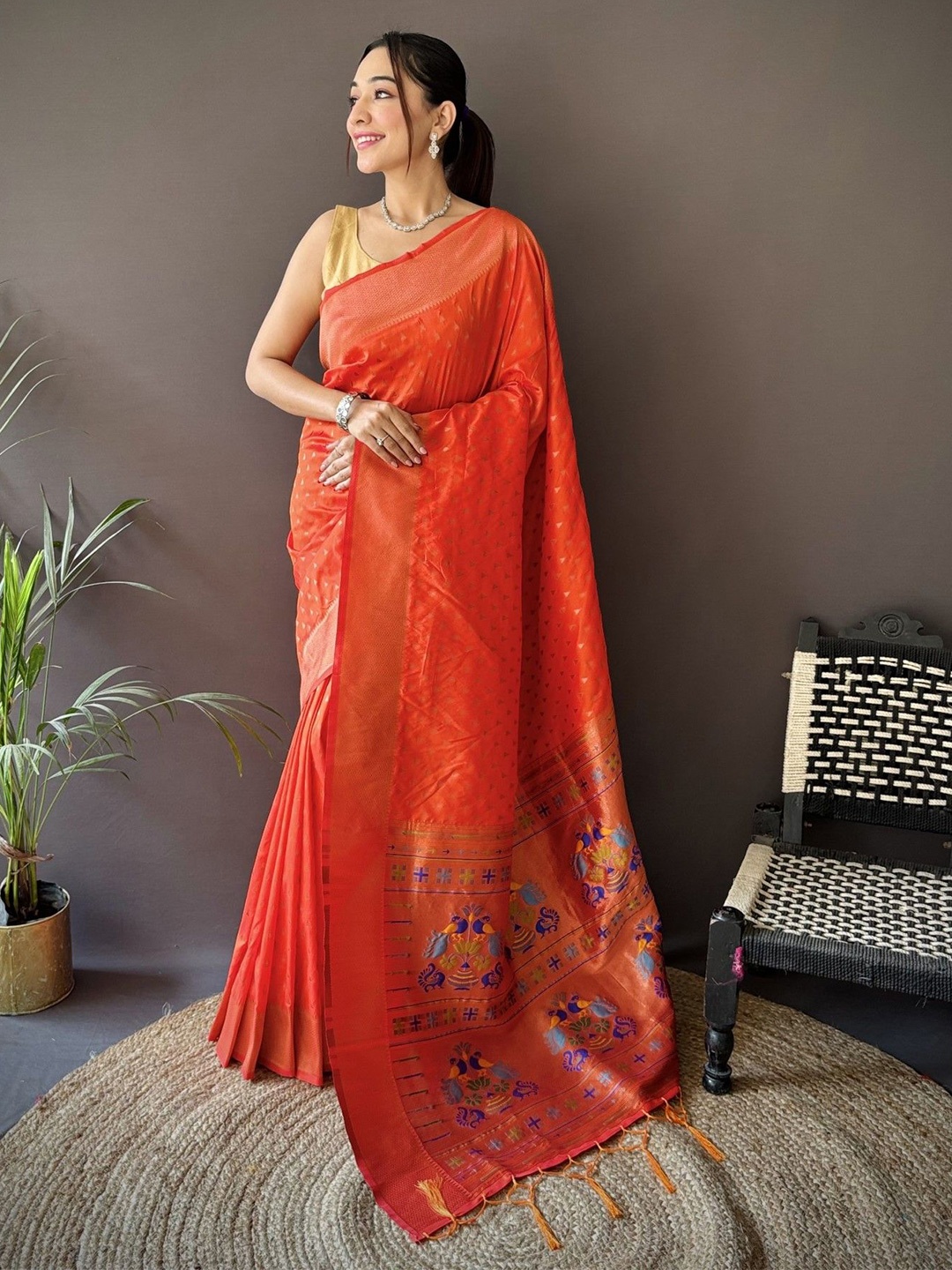

LeeliPeeri Designer Woven Design Zari Silk Blend Paithani Saree, Orange