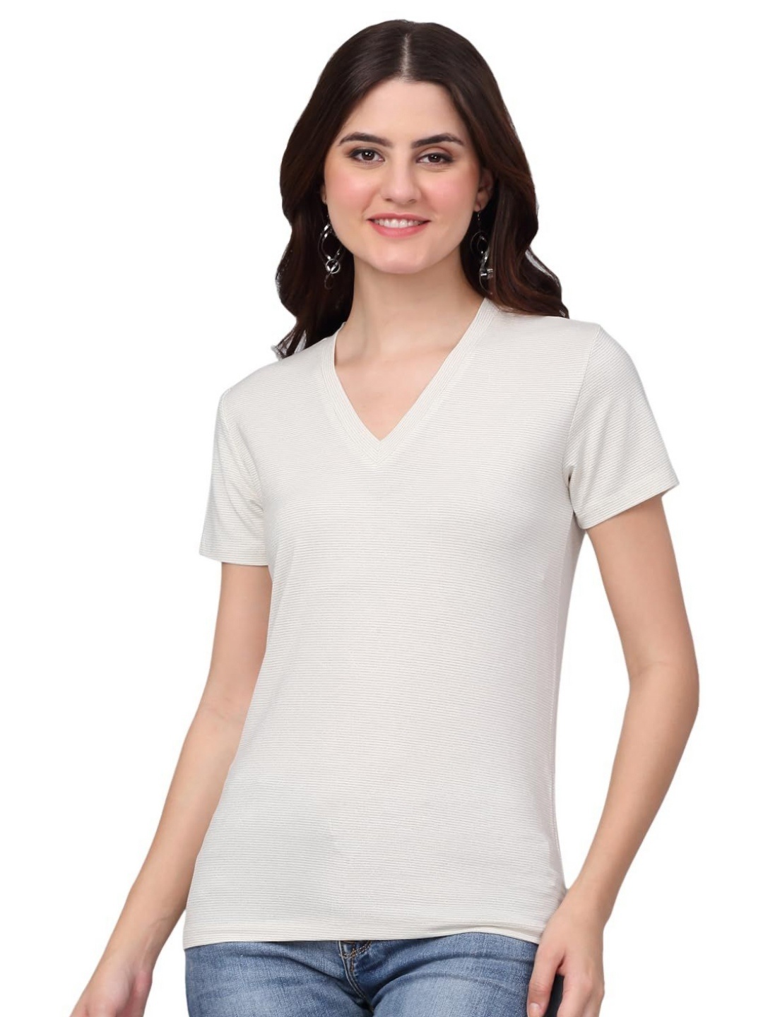 

SZN Women V-Neck Pockets T-shirt, Cream