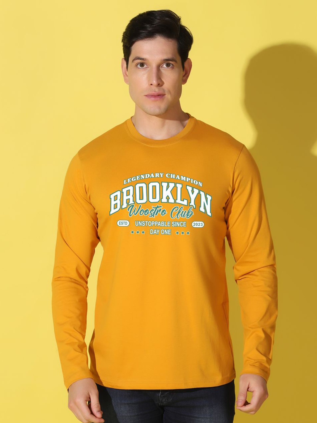

WOOSTRO Men Typography Printed Slim Fit T-shirt, Mustard