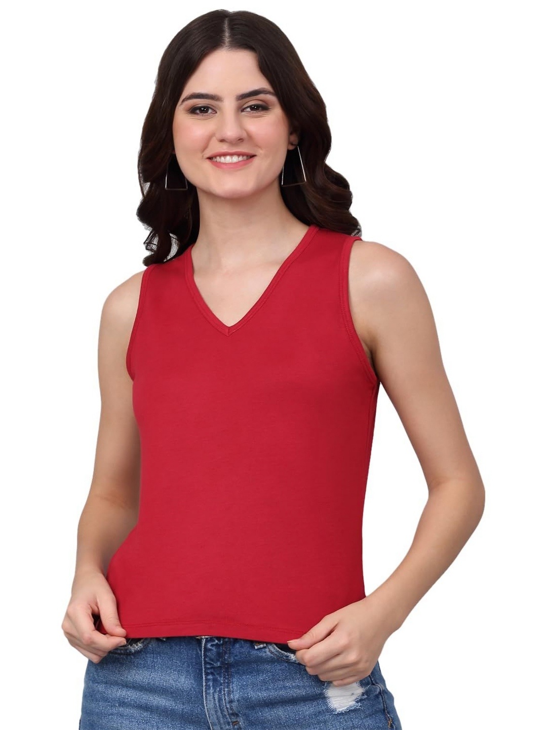

SZN Women V-Neck Raw Edge T-shirt, Red