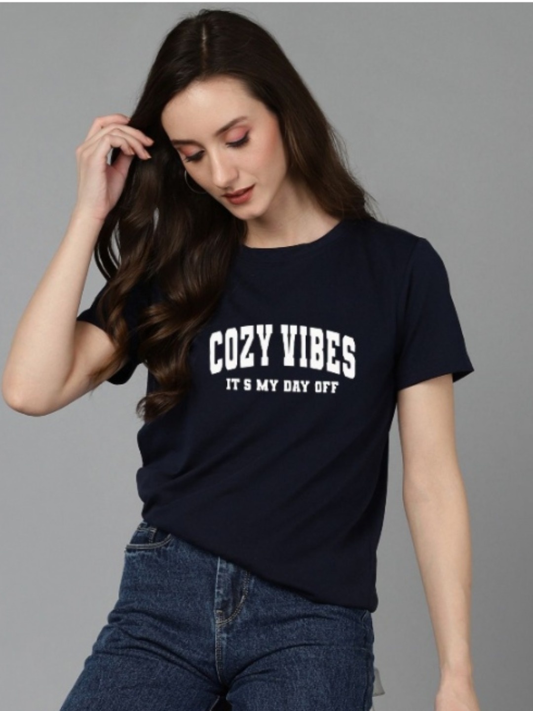 

Adyavastram Women Printed Pockets T-shirt, Navy blue