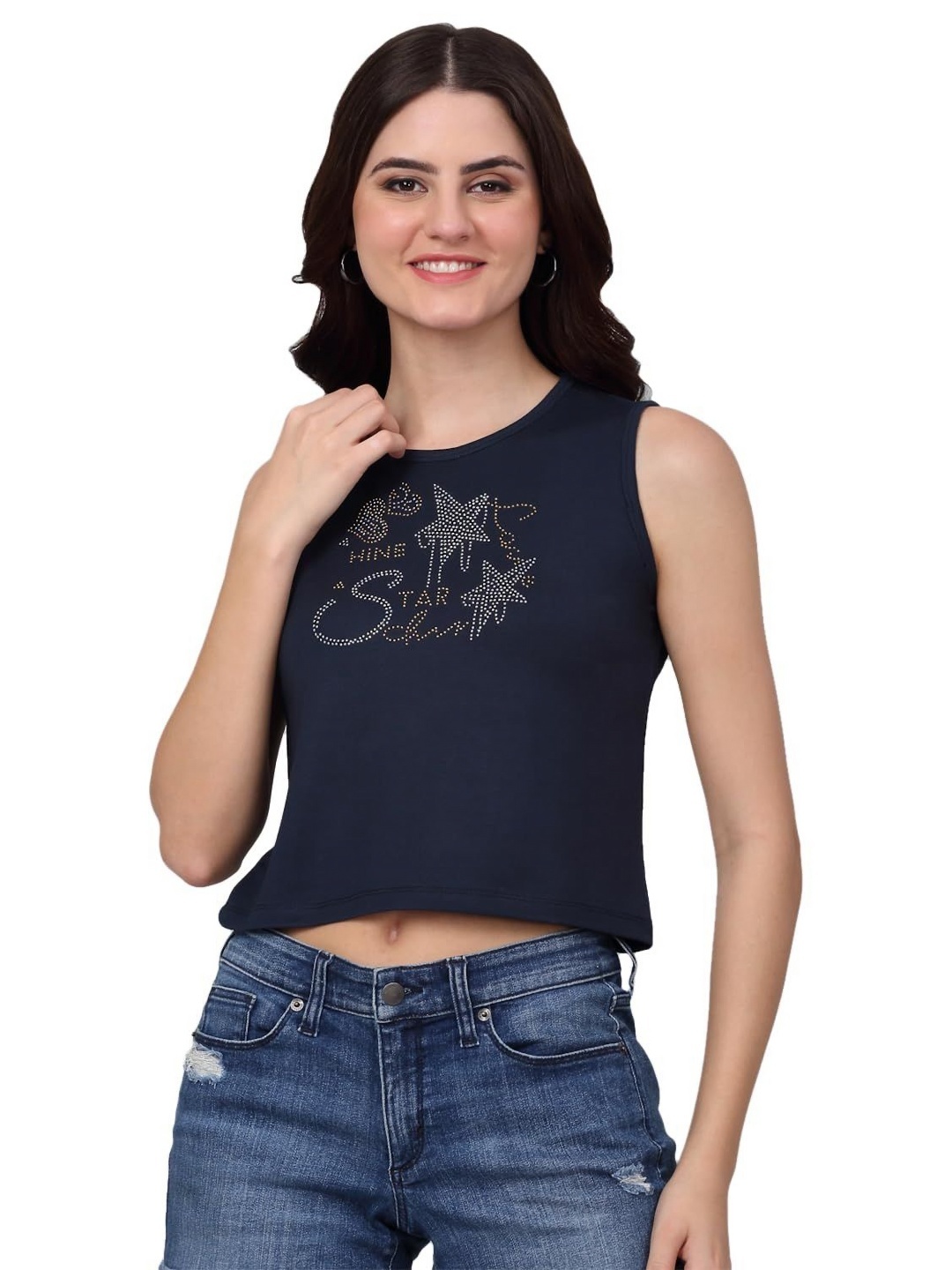 

SZN Women Typography Printed Extended Sleeves T-shirt, Navy blue