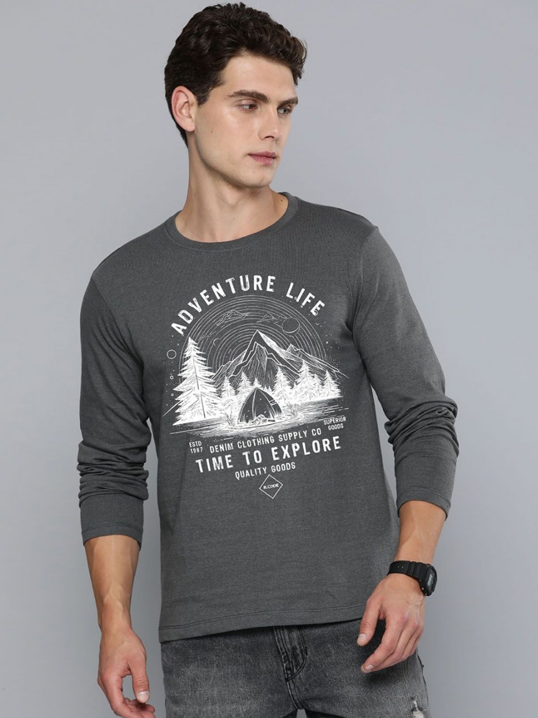 

R.Code by The Roadster Life Co. Men Printed Raw Edge T-shirt, Steel