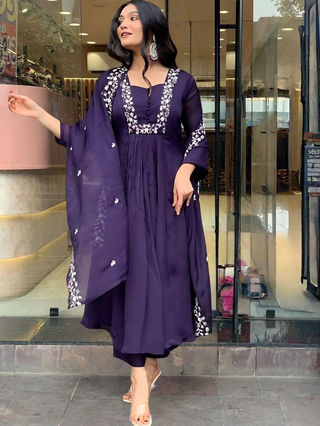 

KALINI Women Ethnic Motifs Embroidered Regular Thread Work Kurta with Trousers & With Dupatta, Purple