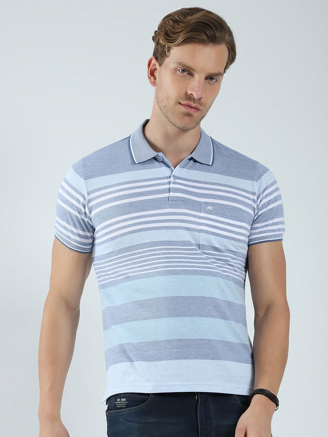 

Monte Carlo Men Striped Polo Collar Pockets T-shirt, Blue