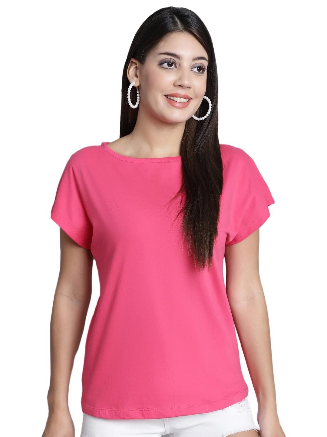 

SZN Women Drop-Shoulder Sleeves Applique T-shirt, Pink