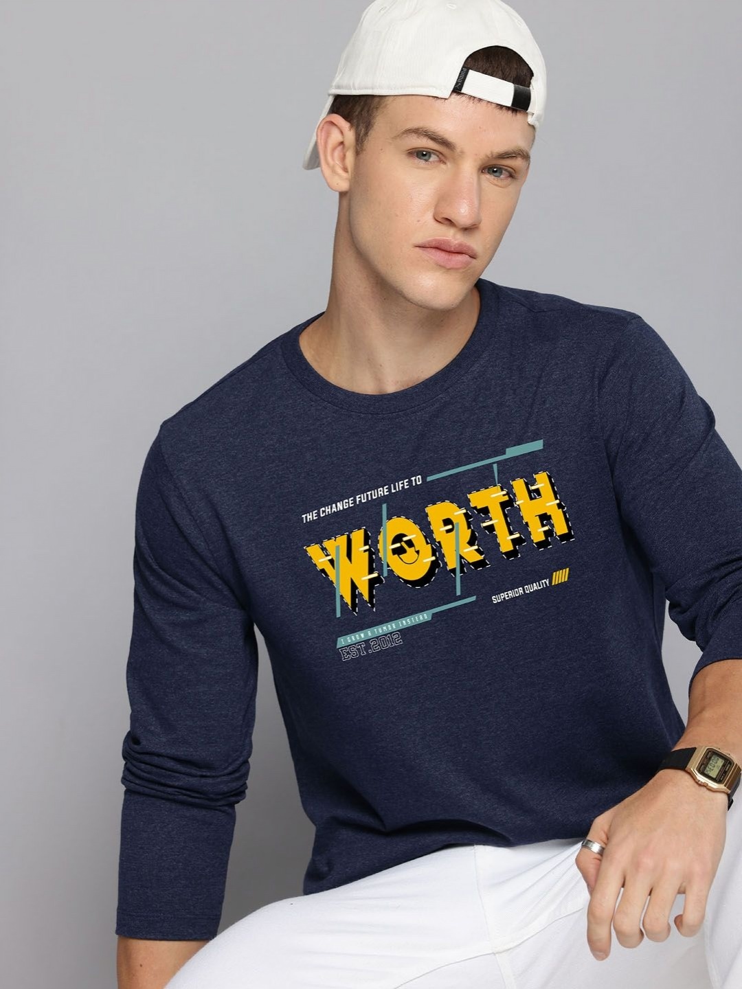 

R.Code by The Roadster Life Co. Men Printed Extended Sleeves Applique T-shirt, Navy blue