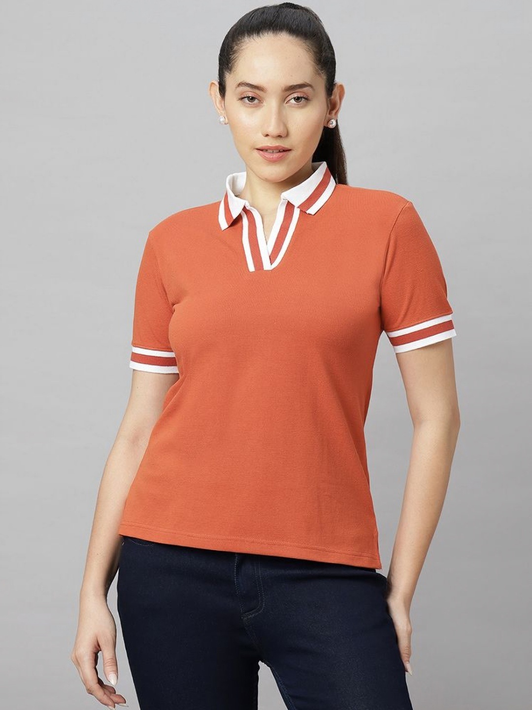 

Wear Your Opinion Women Polo V Neck Striped Collar Tshirt, Coral