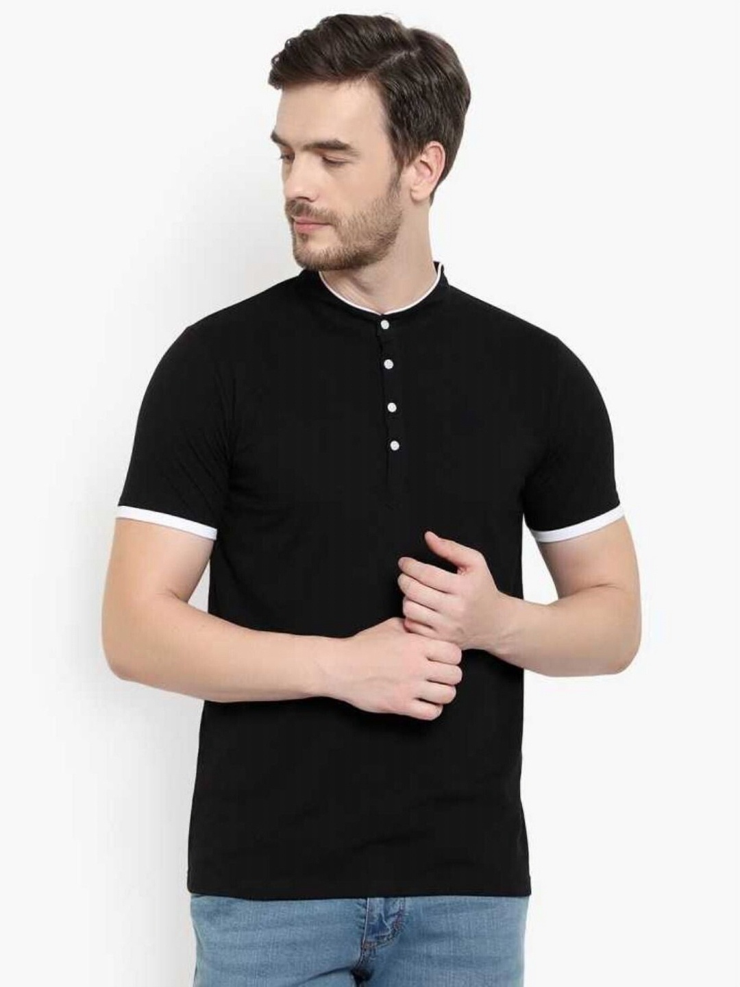 

Unicus Apparel Men Mandarin Collar Pockets T-shirt, Black