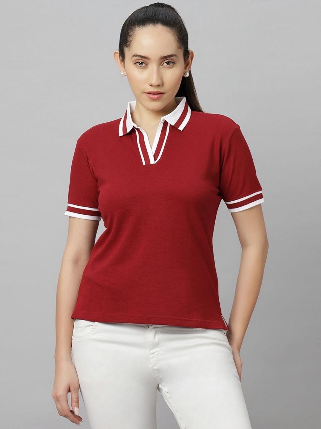 

Wear Your Opinion Women Polo V Neck Striped Collar Tshirt, Maroon