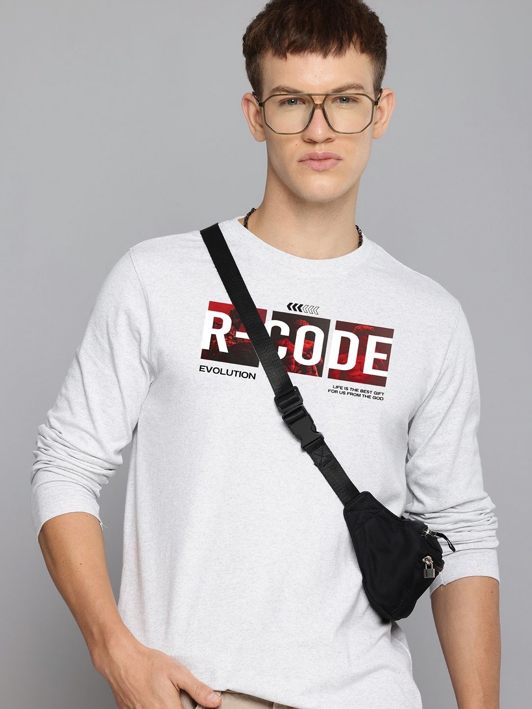 

R.Code by The Roadster Life Co. Men Typography Printed Applique T-shirt, Silver