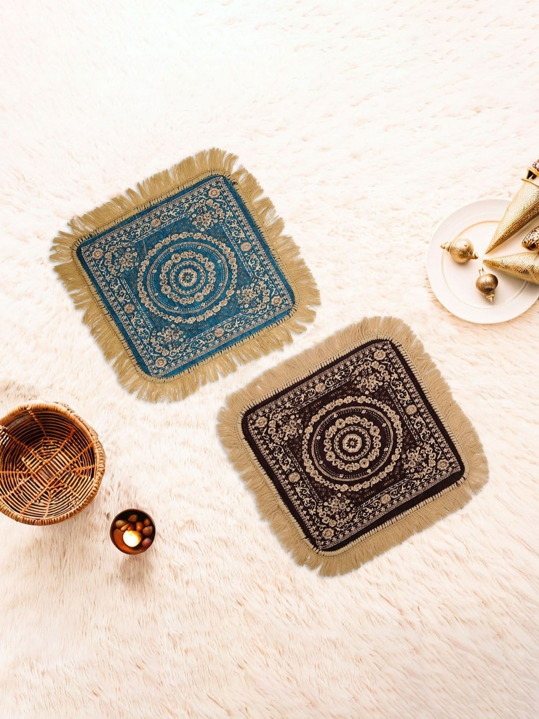 

Aura 2-Pcs Blue & Brown Floral Printed Velvet Finish Pooja Sitting floor Mat