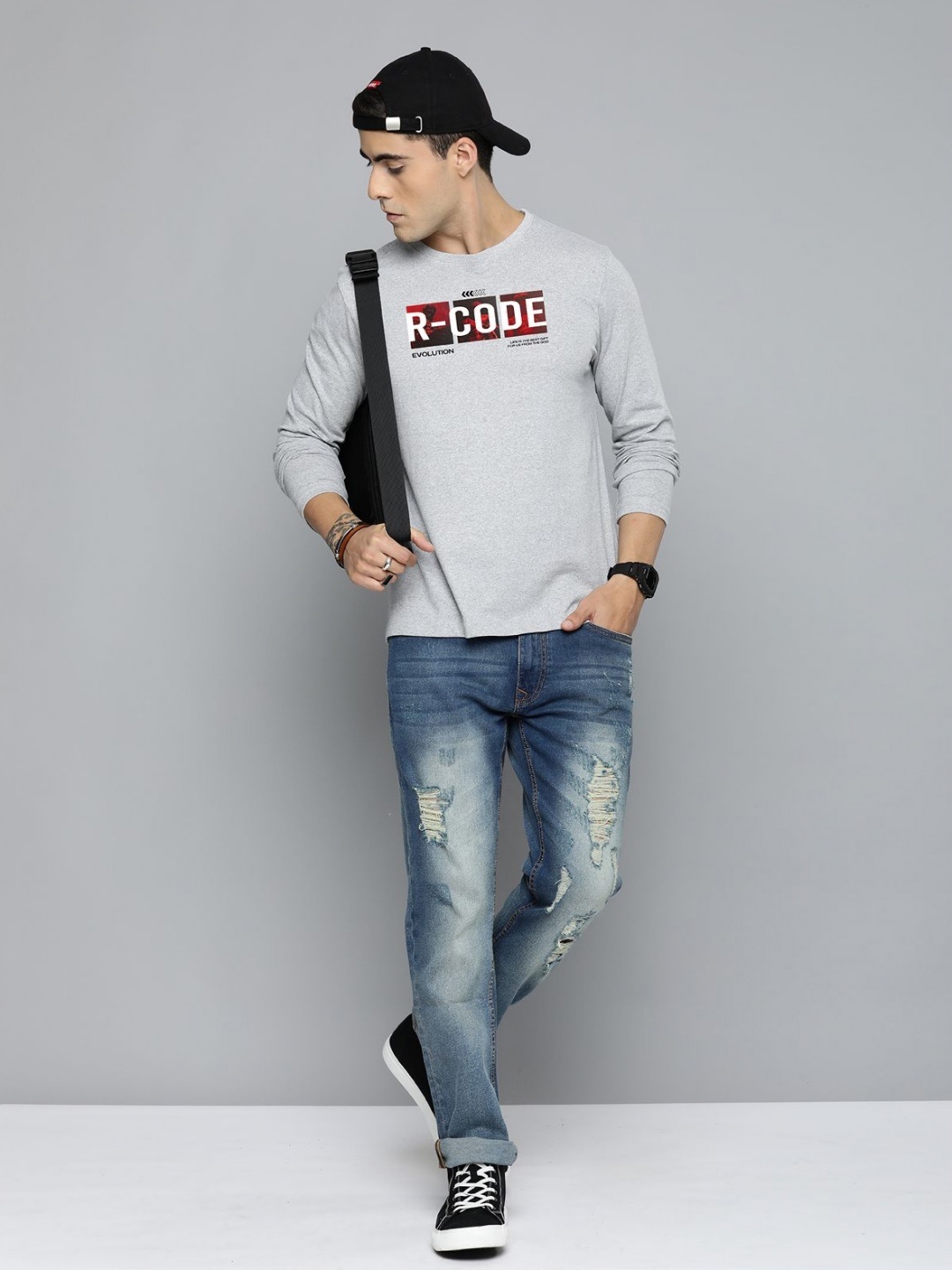 

R.Code by The Roadster Life Co. Men Printed Applique T-shirt, Grey