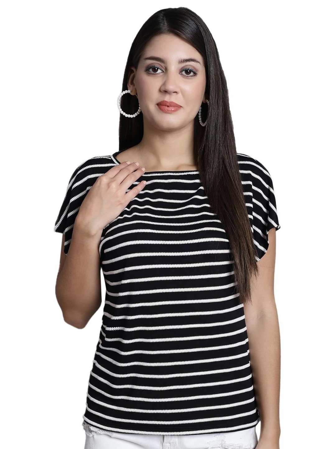 

SZN Women Striped Extended Sleeves Monochrome Pockets T-shirt, Black