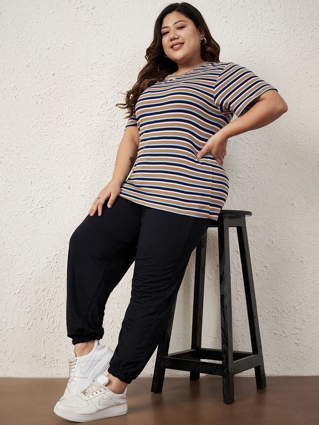 

AUSTIVO Striped Round Neck T-Shirt With Trousers Co-Ords Set, Beige