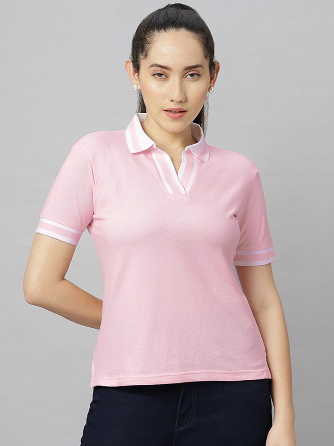 

Wear Your Opinion Women Polo V Neck Striped Collar Tshirt, Pink