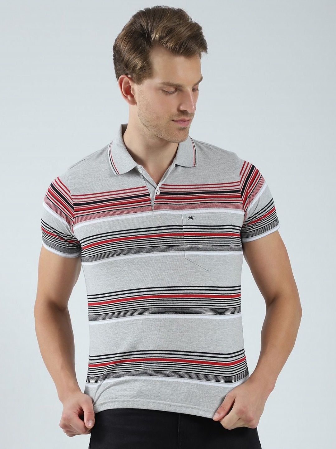 

Monte Carlo Men Striped Polo Collar Pockets T-shirt, Grey