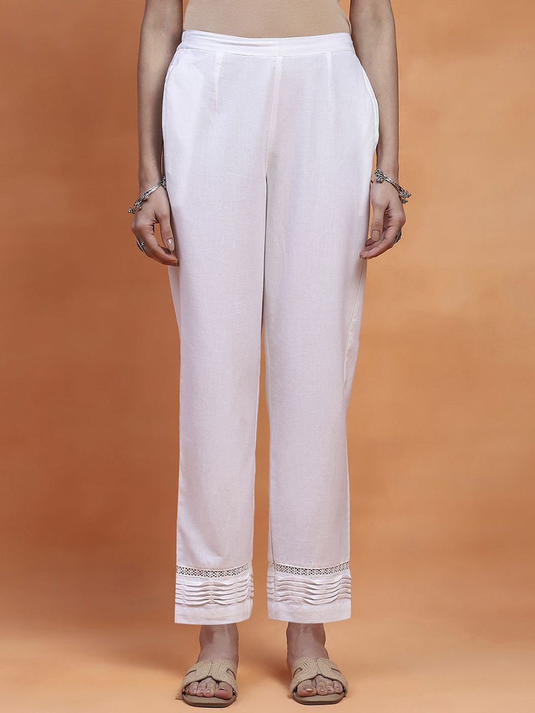 

House of Chikankari Women Relaxed Straight Fit Trousers, White