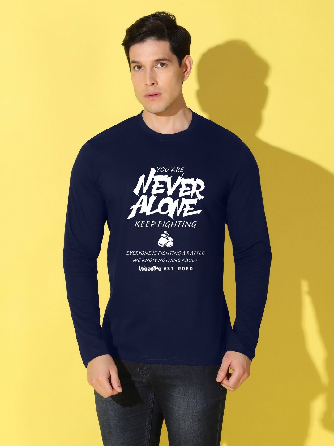 

WOOSTRO Men Typography Printed Slim Fit T-shirt, Navy blue