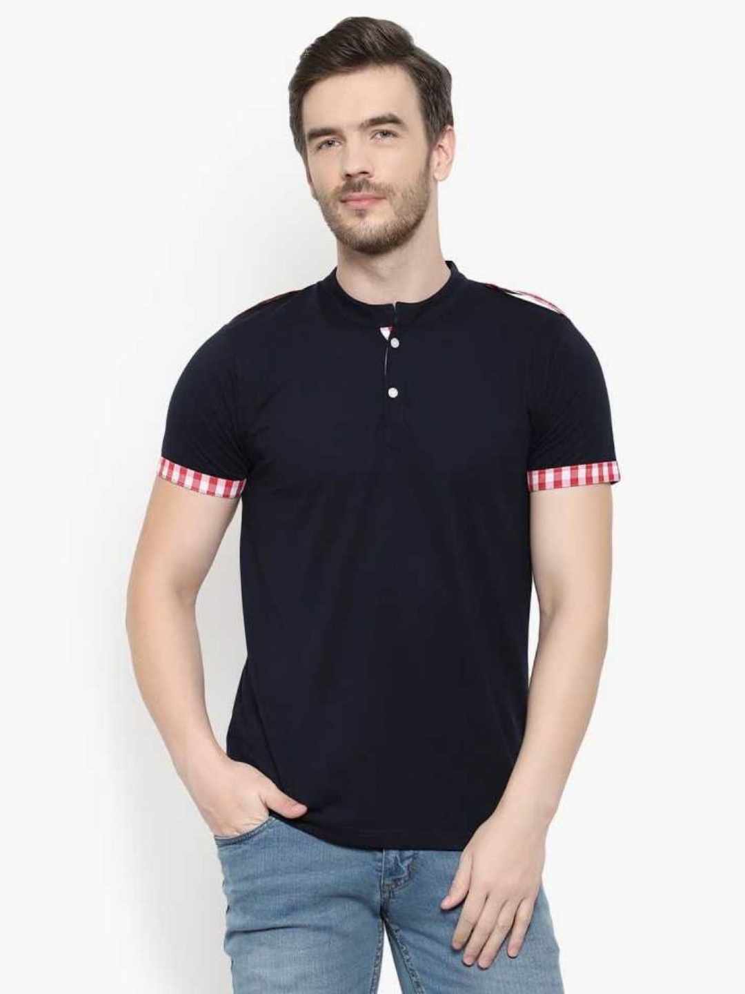 

Unicus Apparel Men Mandarin Collar Monochrome Pockets T-shirt, Blue