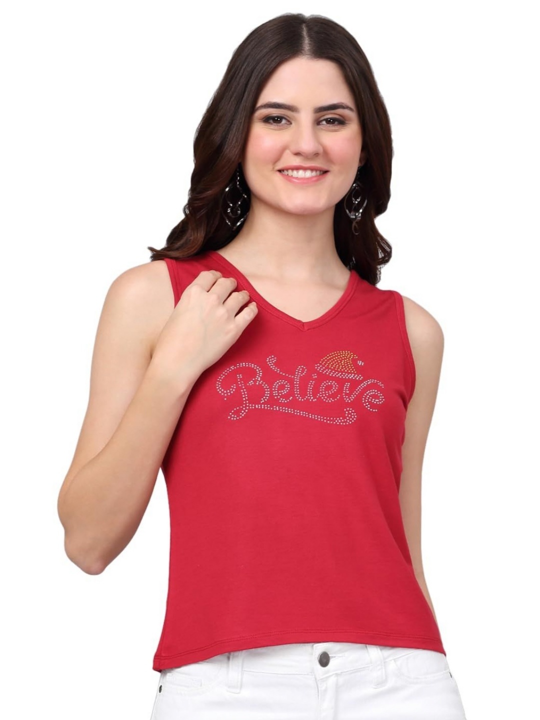 

SZN Women Typography Printed V-Neck T-shirt, Red