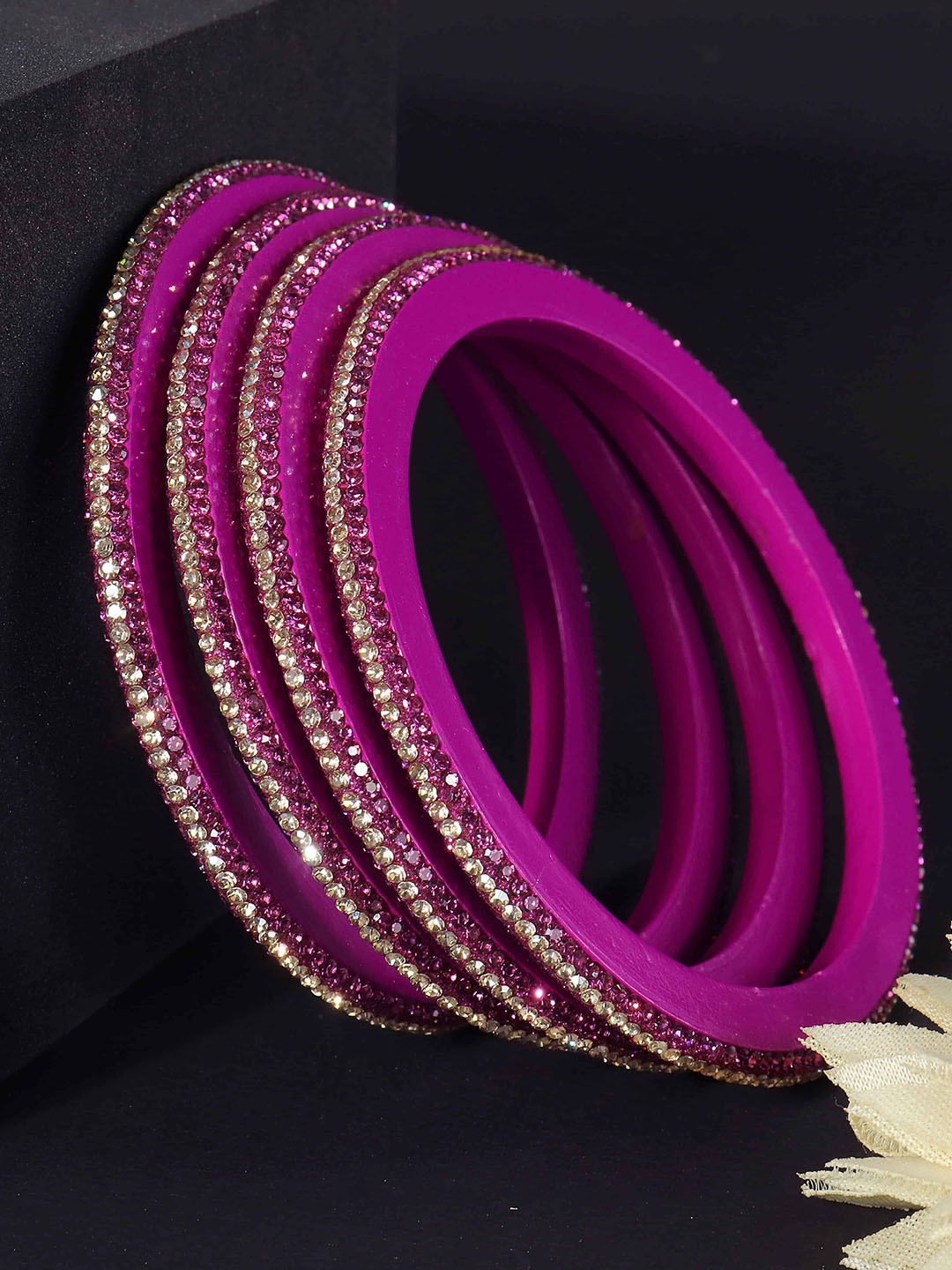 

ZULKA Set Of 4 Zircon Diamond -Studded Kada Bangles, Magenta