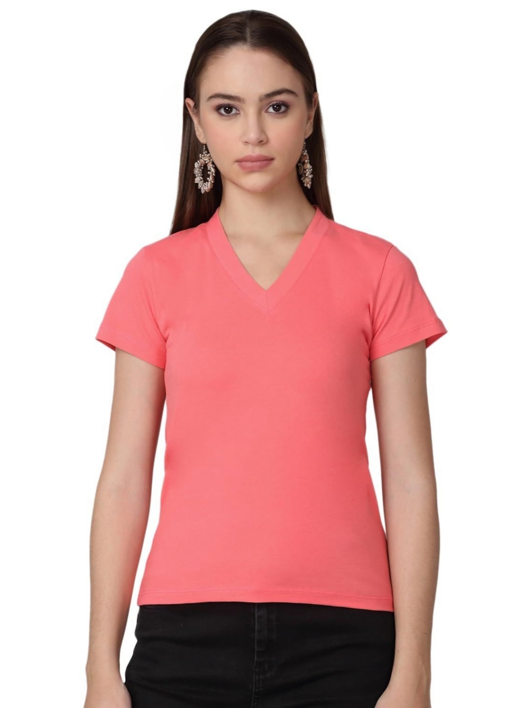 

SZN Women V-Neck Applique T-shirt, Peach